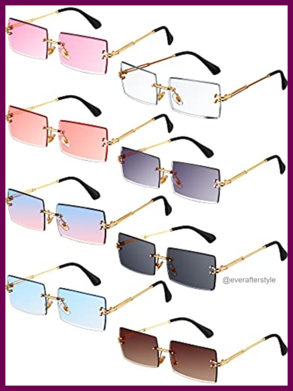 Rimless Rectangle Sunglasses Gold Metal Frame Tinted Lens Retro